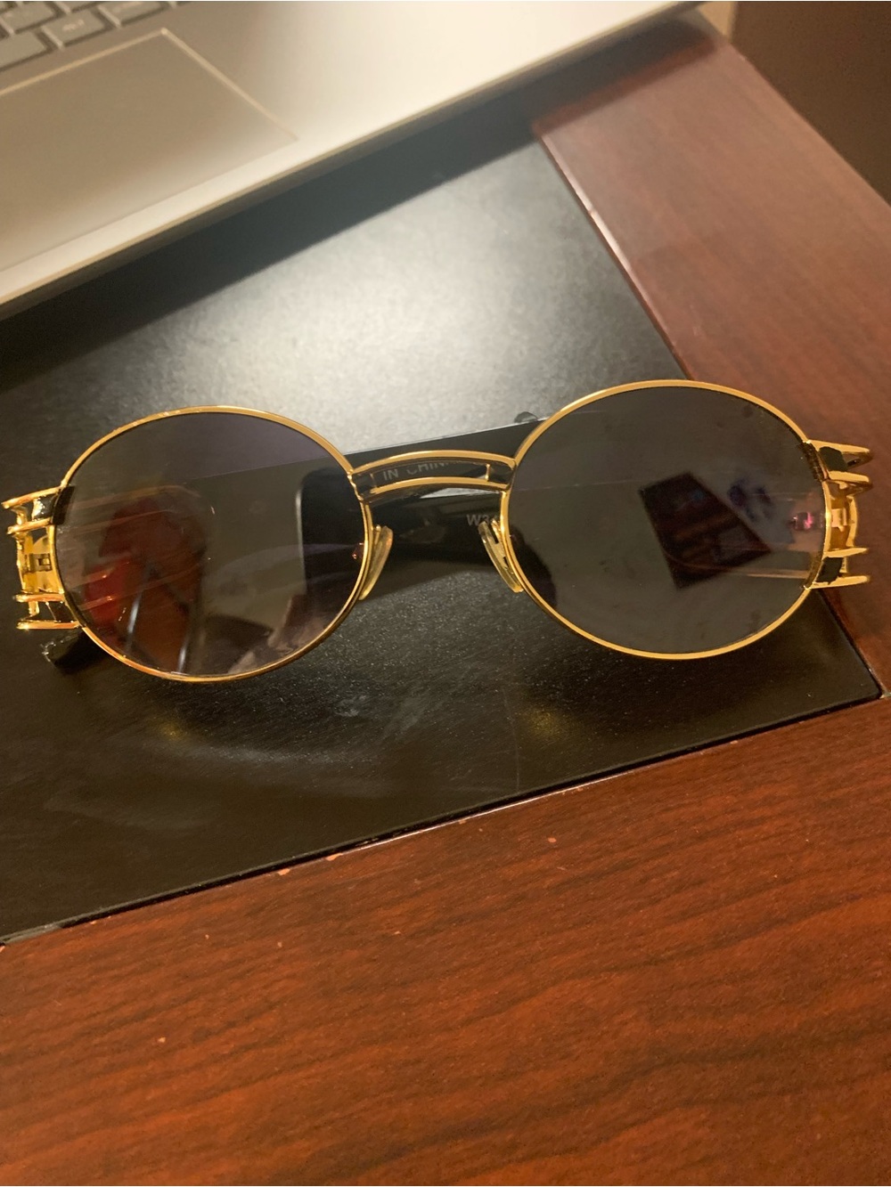 Men's Round Gold Metal Sunglasses with Dark Lenses - 100% authentic